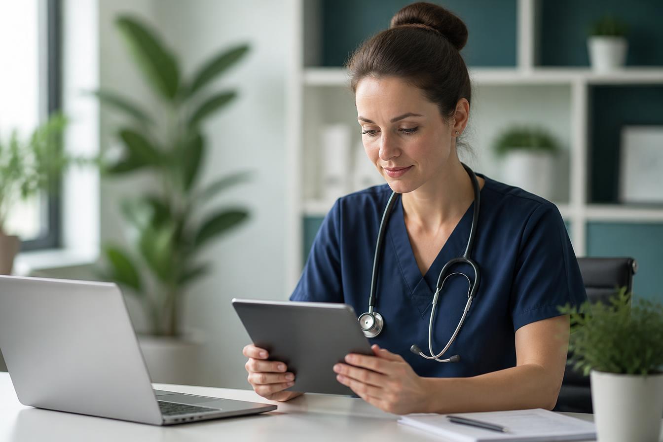 Nurse practitioner working efficiently with a tablet and laptop